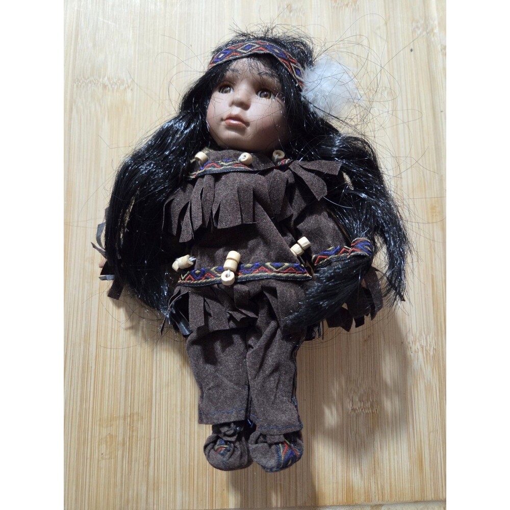 Vintage Native American Indian Beautiful Girl Doll Porcelain Bisque Face Stuffed